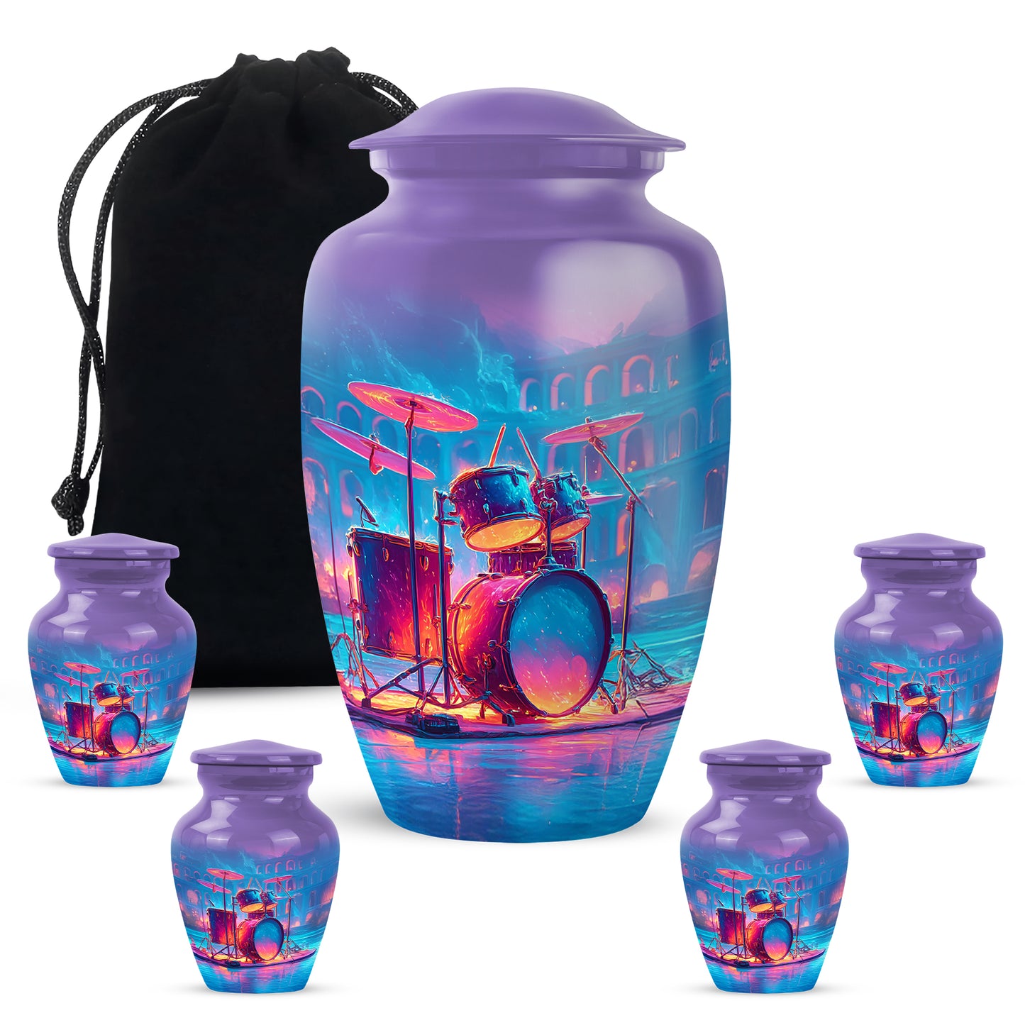 Twilight Purple Drums Cremation Urn top-down view of secure threaded lid - elegant classic drums relief with fine detailing - memorial set with one large and four small urns