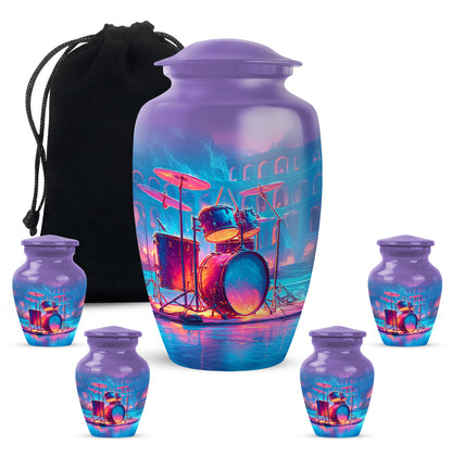 Twilight Purple Drums Cremation Urn top-down view of secure threaded lid - elegant classic drums relief with fine detailing - memorial set with one large and four small urns