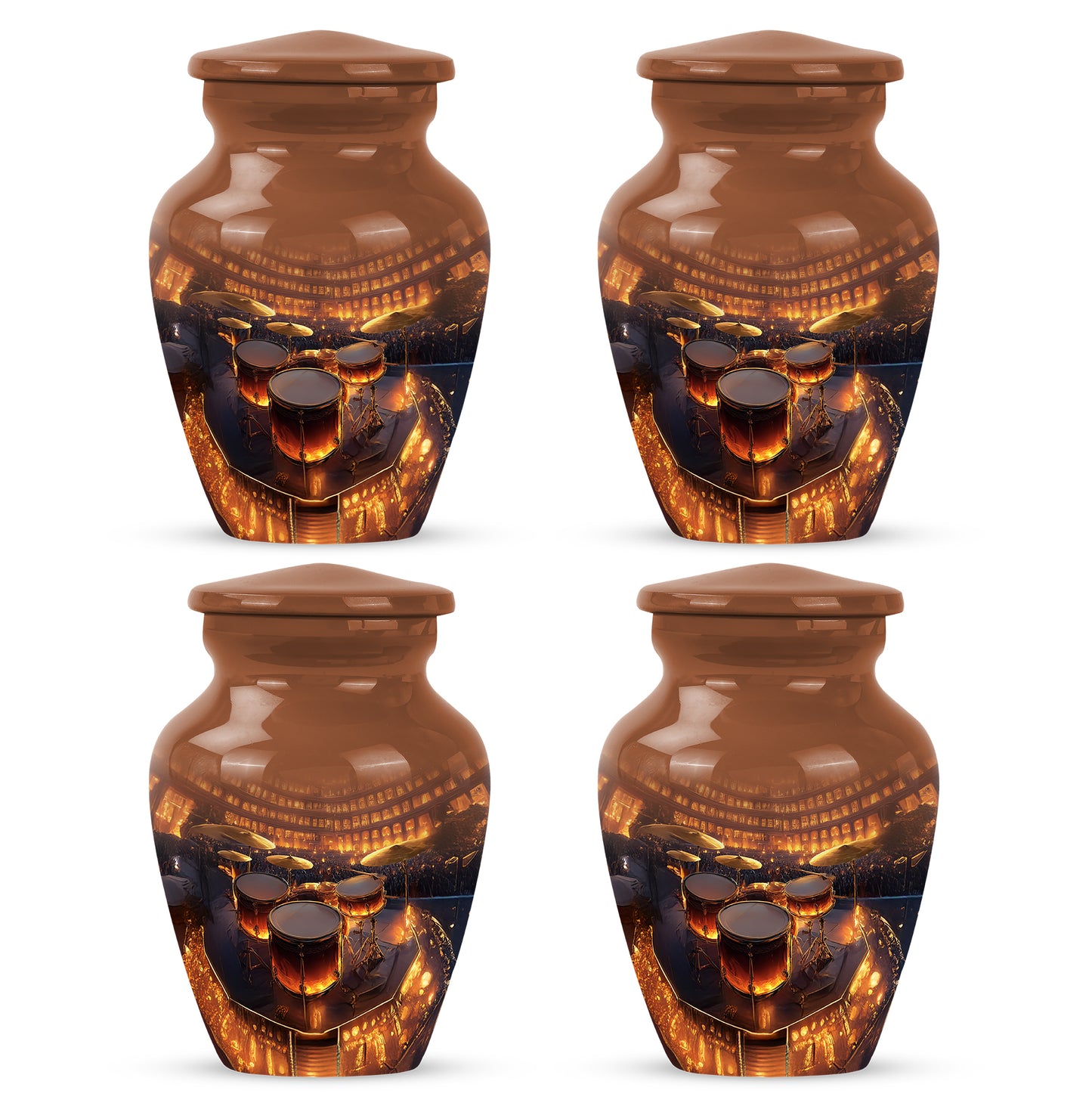 Burnished Gold Drums Cremation Urn side profile showing urn shape - traditional drums engraving with hand-polished finish - 10 inch aluminum urn for cremated remains