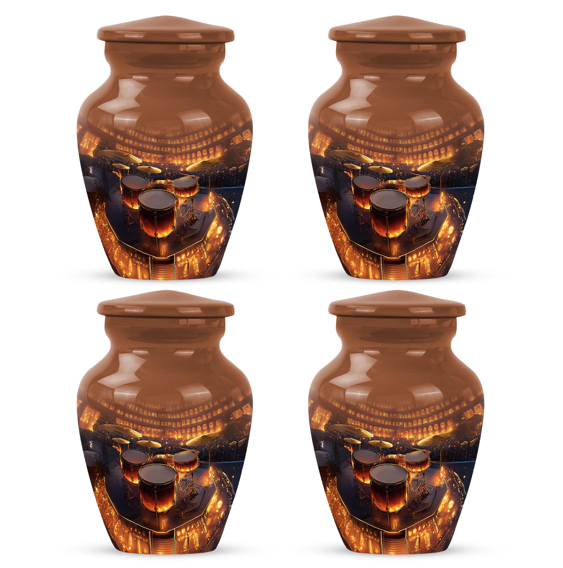 Burnished Gold Drums Cremation Urn side profile showing urn shape - traditional drums engraving with hand-polished finish - 10 inch aluminum urn for cremated remains