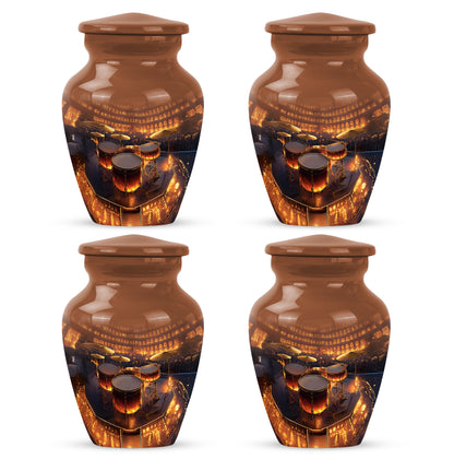 Burnished Gold Drums Cremation Urn side profile showing urn shape - traditional drums engraving with hand-polished finish - 10 inch aluminum urn for cremated remains
