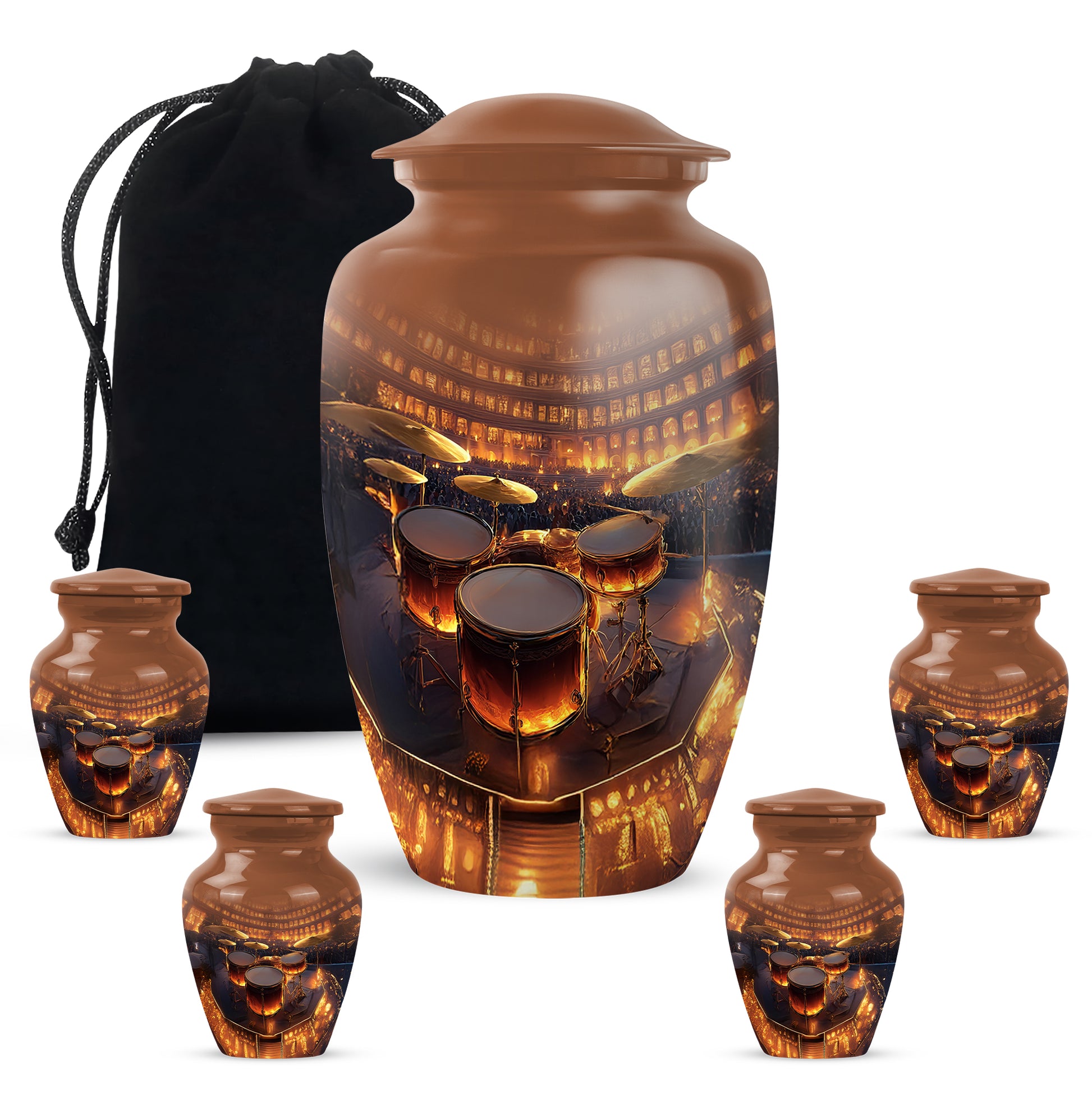 Sunrise Gold Drums Cremation Urn top-down view of secure threaded lid - classic sculpted drums pattern on smooth aluminum - memorial set with one large and four small urns