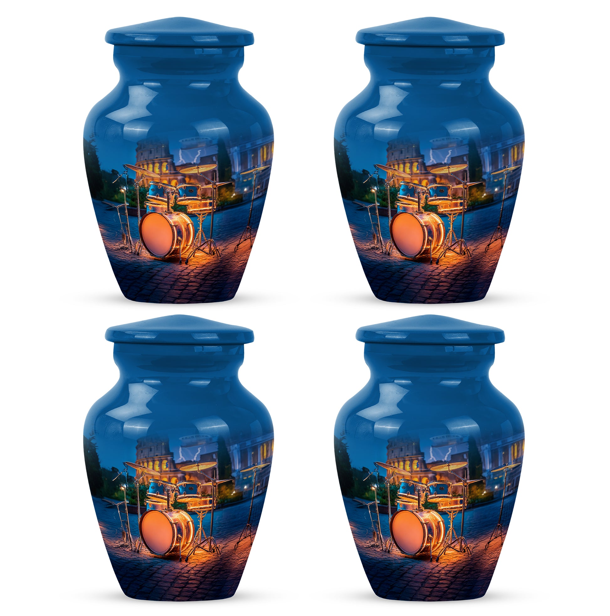 Cornflower Blue Drums Cremation Urn side profile showing urn shape - traditional drums engraving with hand-polished finish - 10 inch aluminum urn for cremated remains