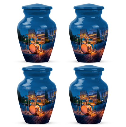 Cornflower Blue Drums Cremation Urn side profile showing urn shape - traditional drums engraving with hand-polished finish - 10 inch aluminum urn for cremated remains