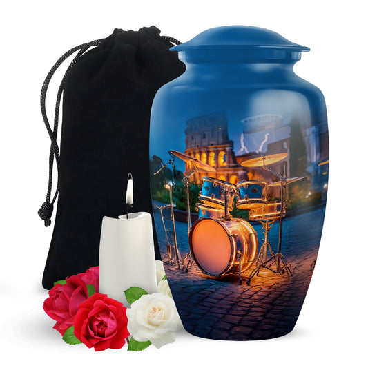Steel Blue Drums Cremation Urn angled view of lid and engraved motif - traditional drums engraving with hand-polished finish - full-size 10 inch 200 cubic inch adult cremation urn