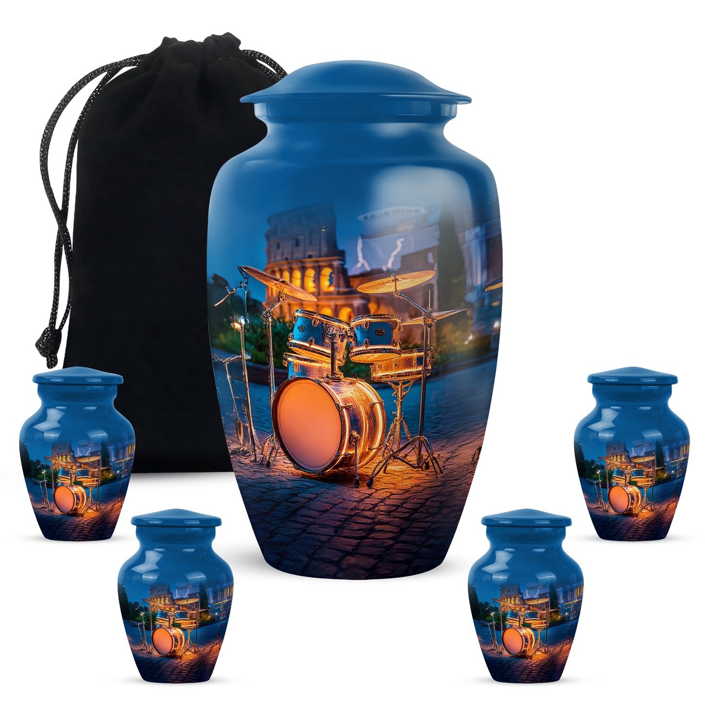 Cobalt Blue Drums Cremation Urn top-down view of secure threaded lid - elegant classic drums relief with fine detailing - memorial set with one large and four small urns