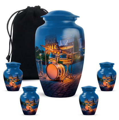 Cobalt Blue Drums Cremation Urn top-down view of secure threaded lid - elegant classic drums relief with fine detailing - memorial set with one large and four small urns
