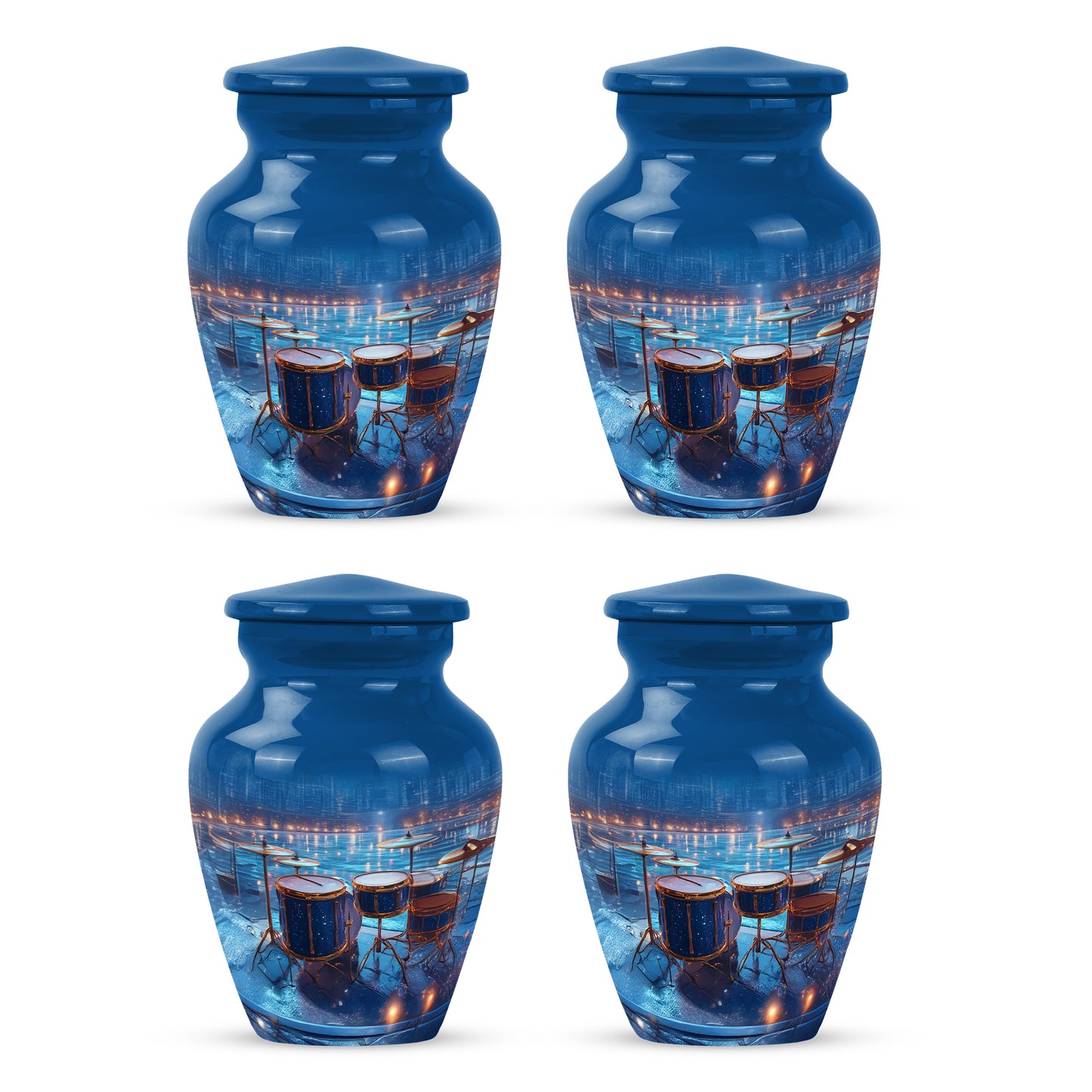 Slate Blue Drums Cremation Urn side profile showing urn shape - classic sculpted drums pattern on smooth aluminum - 10 inch aluminum urn for cremated remains