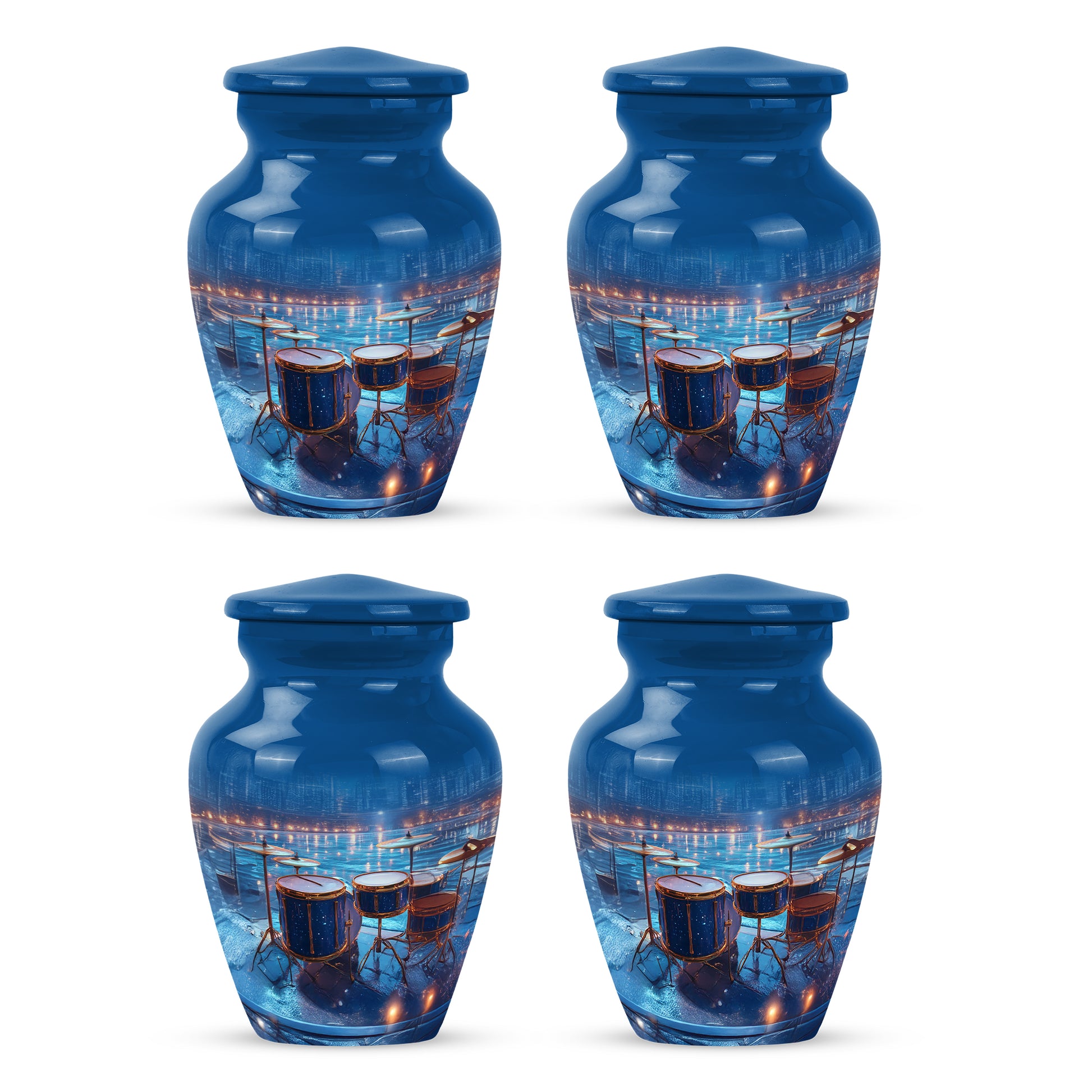 Slate Blue Drums Cremation Urn side profile showing urn shape - classic sculpted drums pattern on smooth aluminum - 10 inch aluminum urn for cremated remains