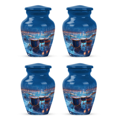 Slate Blue Drums Cremation Urn side profile showing urn shape - classic sculpted drums pattern on smooth aluminum - 10 inch aluminum urn for cremated remains