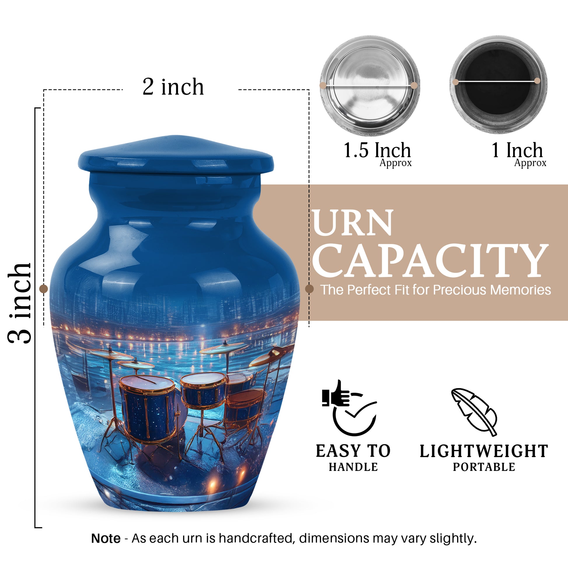 Cobalt Blue Drums Cremation Urn close-up of engraving and surface detail - traditional drums engraving with hand-polished finish - mini keepsake memorial for portion of cremation ashes