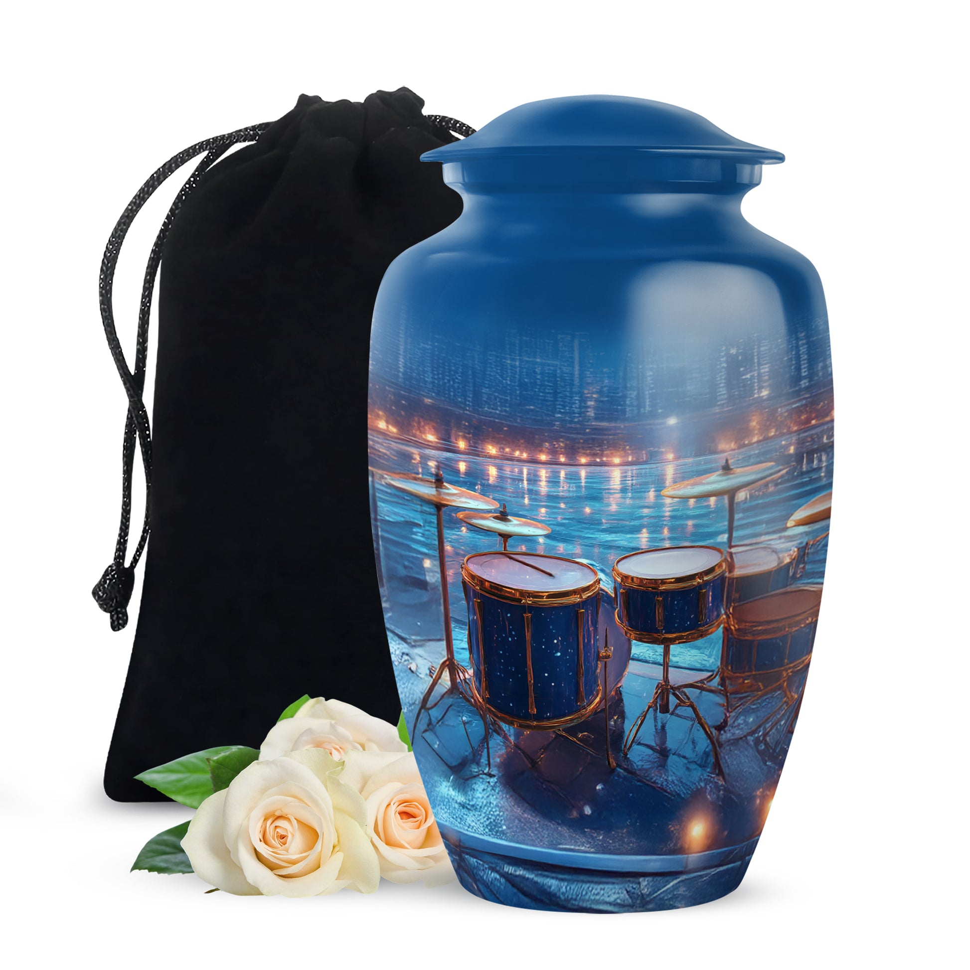 Vivid Blue Drums Cremation Urn angled view of lid and engraved motif - elegant classic drums relief with fine detailing - full-size 10 inch 200 cubic inch adult cremation urn
