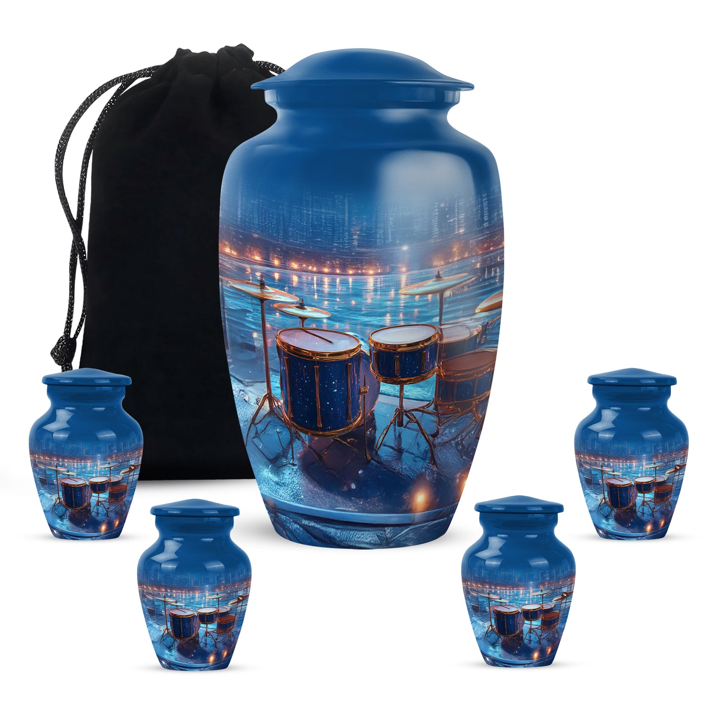 Powder Blue Drums Cremation Urn top-down view of secure threaded lid - classic sculpted drums pattern on smooth aluminum - memorial set with one large and four small urns