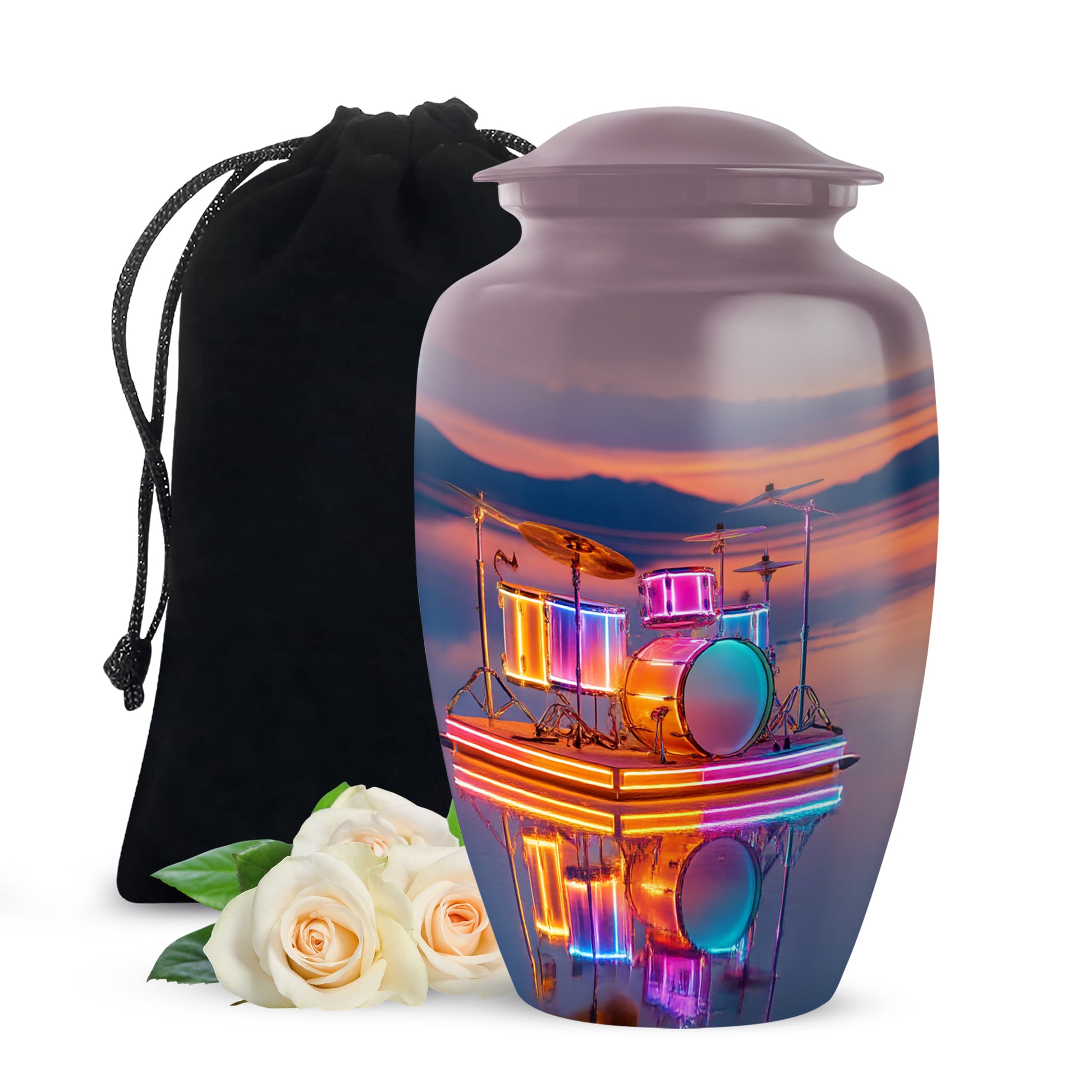 Soft Pink Drums Cremation Urn angled view of lid and engraved motif - elegant classic drums relief with fine detailing - full-size 10 inch 200 cubic inch adult cremation urn
