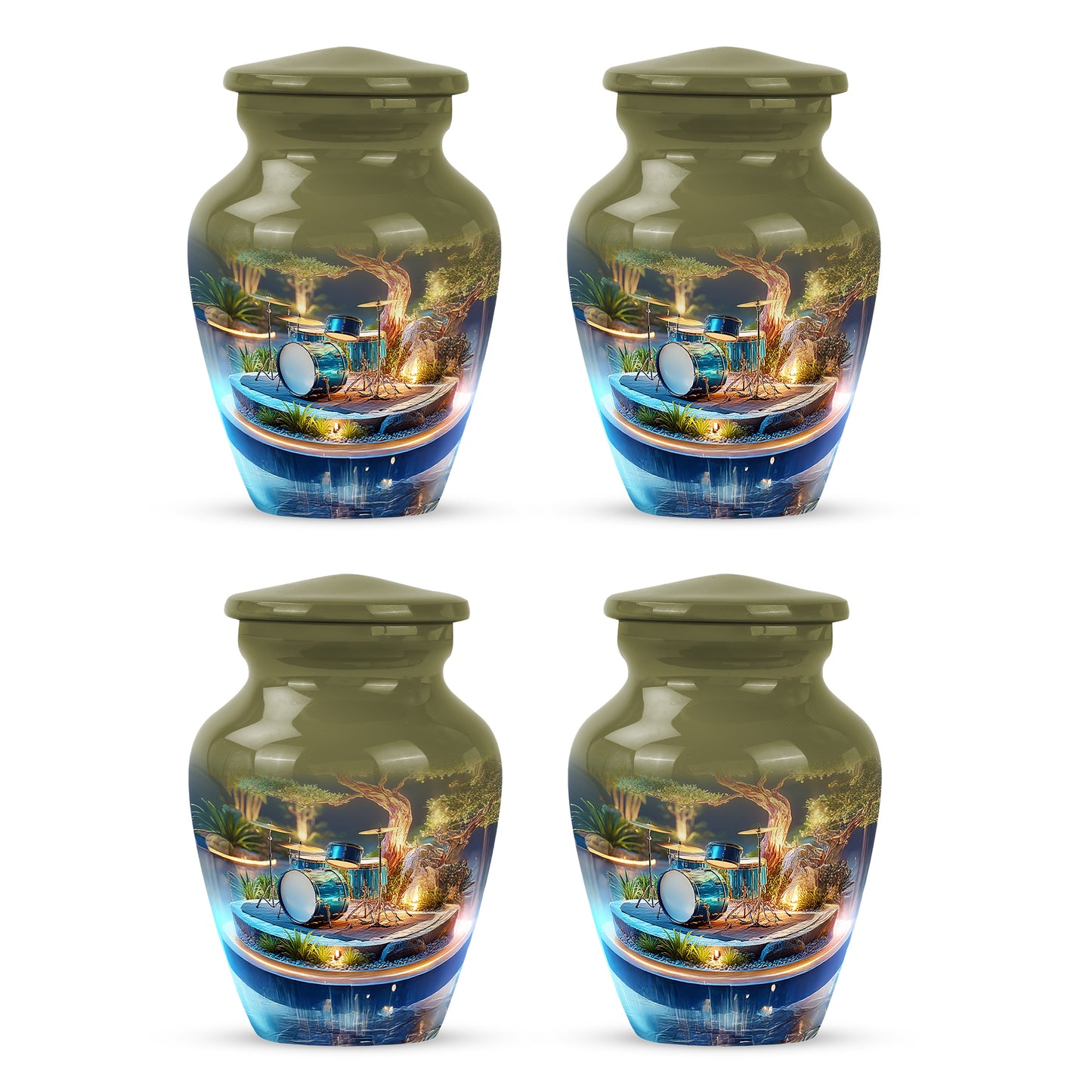 Royal Gold Drums Cremation Urn side profile showing urn shape - traditional drums engraving with hand-polished finish - 10 inch aluminum urn for cremated remains