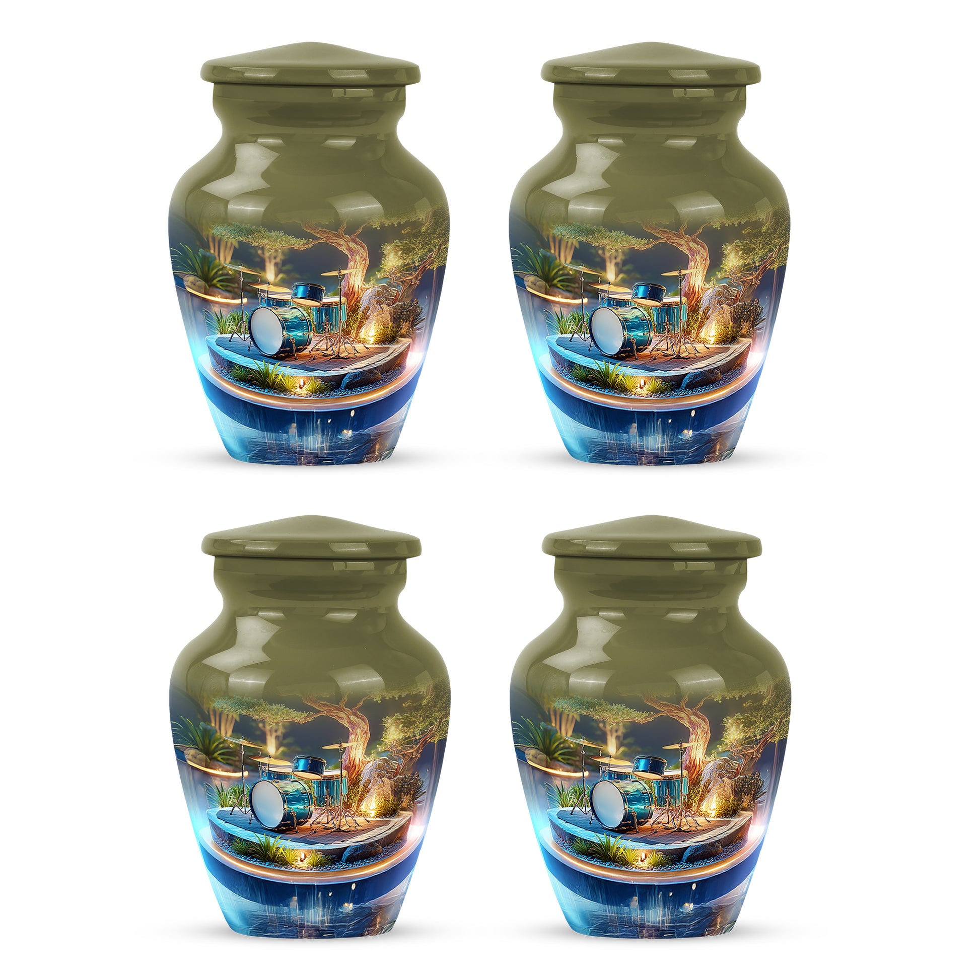 Royal Gold Drums Cremation Urn side profile showing urn shape - traditional drums engraving with hand-polished finish - 10 inch aluminum urn for cremated remains