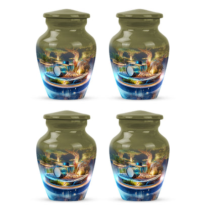 Royal Gold Drums Cremation Urn side profile showing urn shape - traditional drums engraving with hand-polished finish - 10 inch aluminum urn for cremated remains