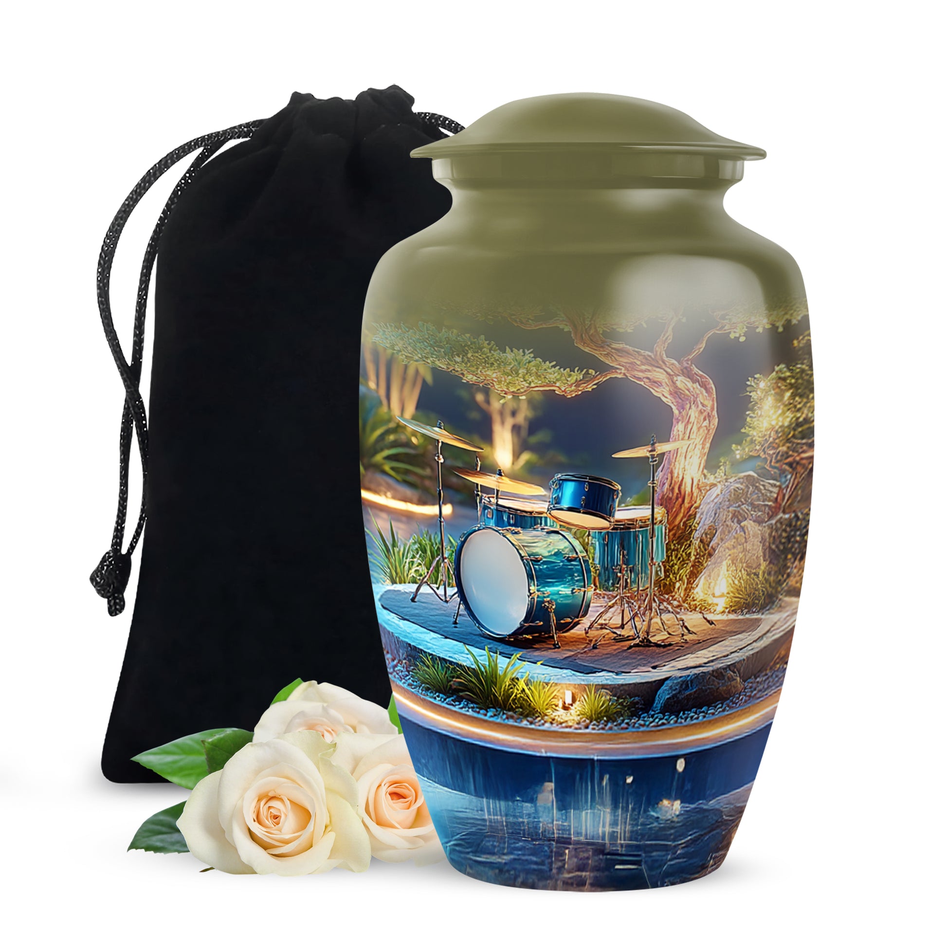 Antique Gold Drums Cremation Urn angled view of lid and engraved motif - classic sculpted drums pattern on smooth aluminum - full-size 10 inch 200 cubic inch adult cremation urn
