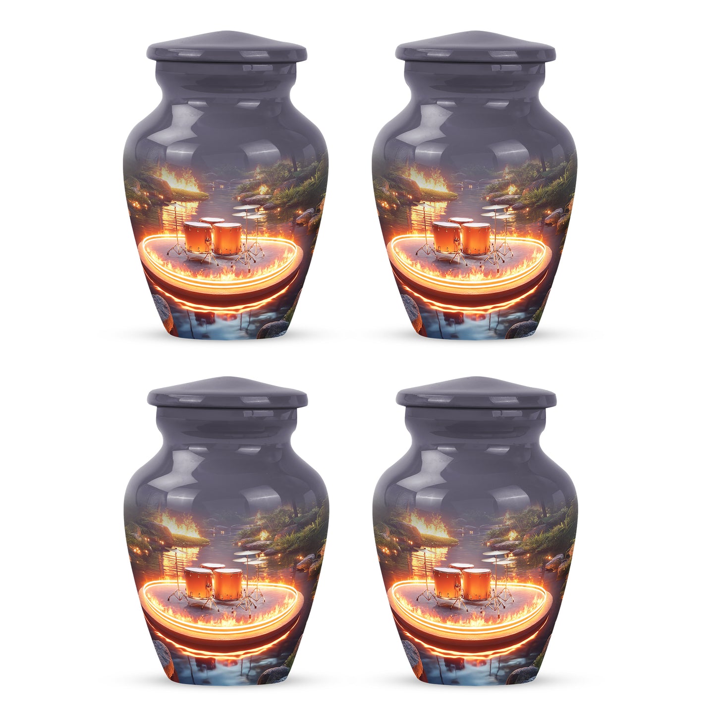 Steel Gray Drums Cremation Urn side profile showing urn shape - traditional drums engraving with hand-polished finish - 10 inch aluminum urn for cremated remains