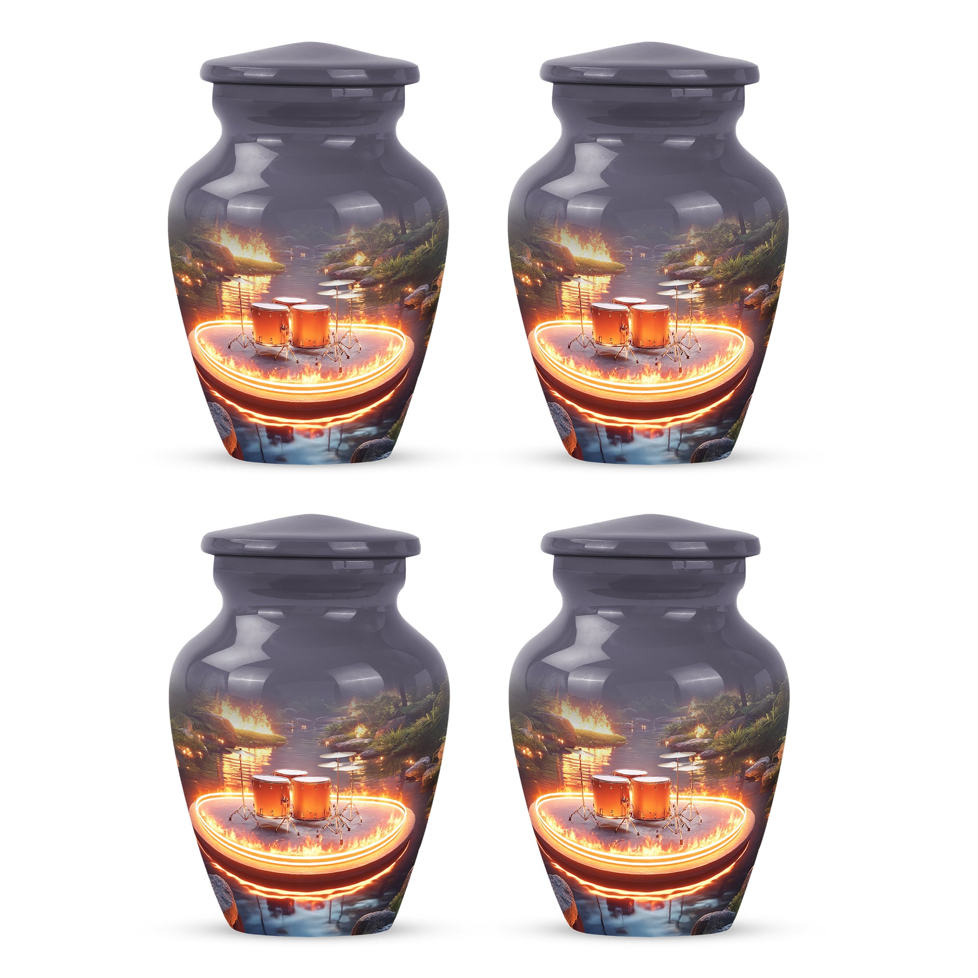 Steel Gray Drums Cremation Urn side profile showing urn shape - traditional drums engraving with hand-polished finish - 10 inch aluminum urn for cremated remains