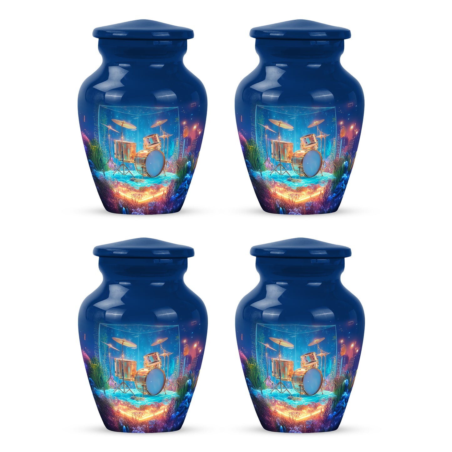 Calming Blue Drums Cremation Urn side profile showing urn shape - traditional drums engraving with hand-polished finish - 10 inch aluminum urn for cremated remains