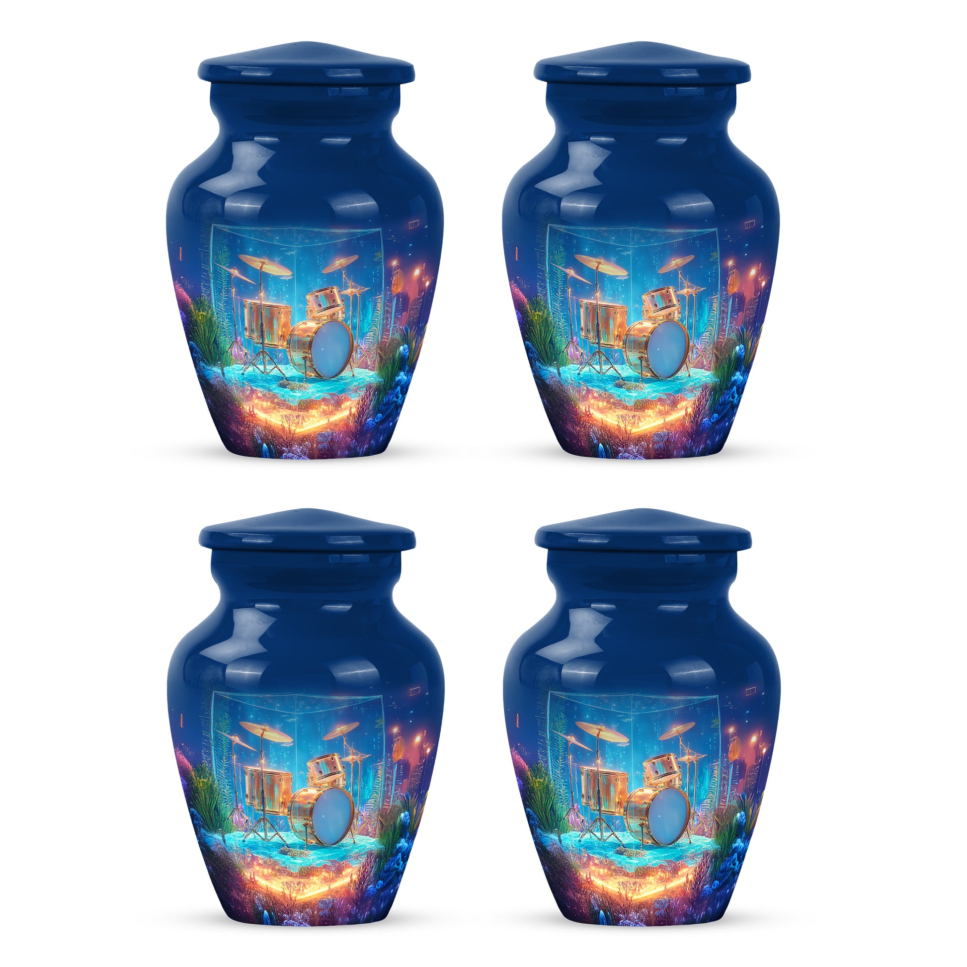 Calming Blue Drums Cremation Urn side profile showing urn shape - traditional drums engraving with hand-polished finish - 10 inch aluminum urn for cremated remains