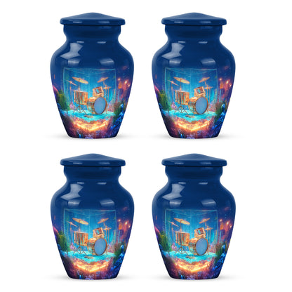 Calming Blue Drums Cremation Urn side profile showing urn shape - traditional drums engraving with hand-polished finish - 10 inch aluminum urn for cremated remains