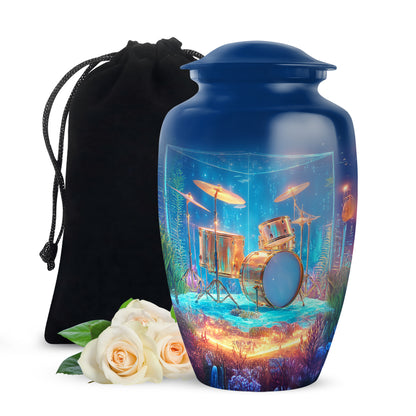 Soft Blue Drums Cremation Urn angled view of lid and engraved motif - elegant classic drums relief with fine detailing - full-size 10 inch 200 cubic inch adult cremation urn