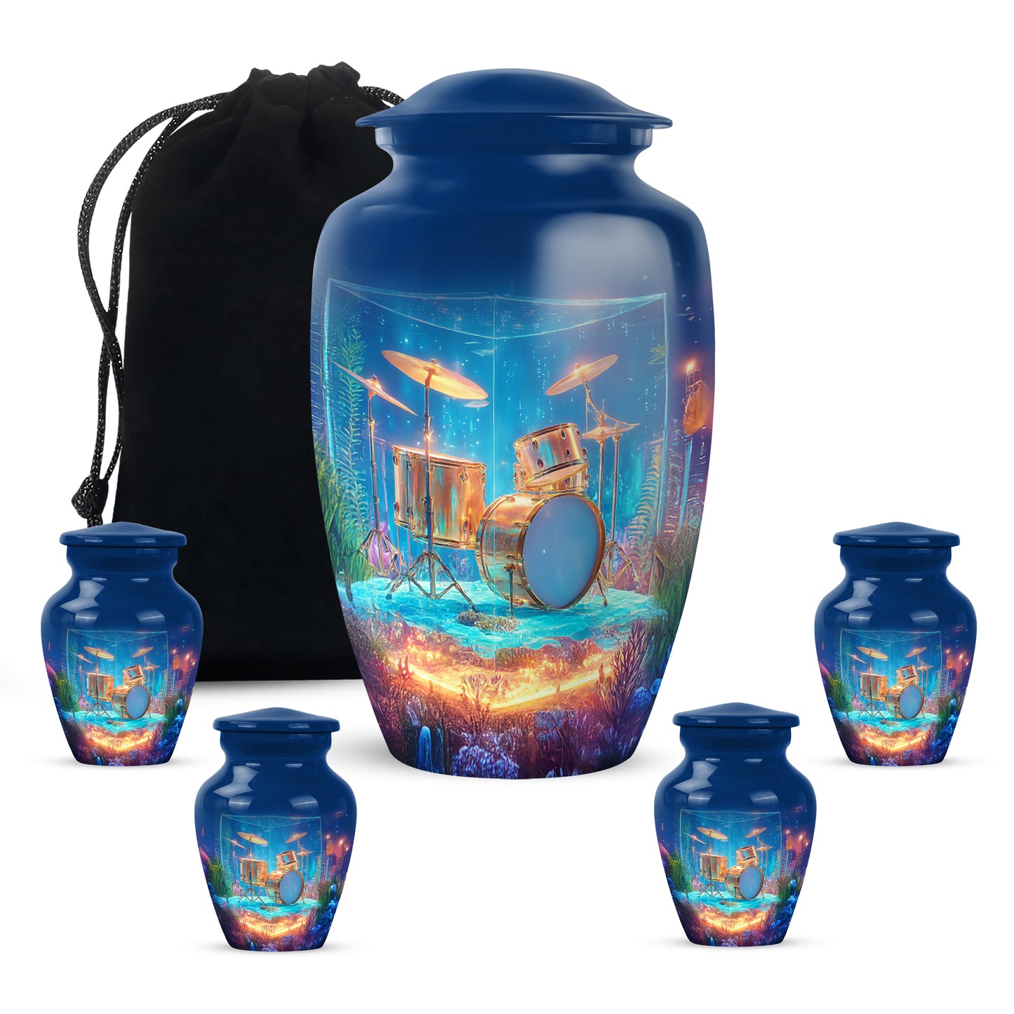 Serene Blue Drums Cremation Urn top-down view of secure threaded lid - traditional drums engraving with hand-polished finish - memorial set with one large and four small urns