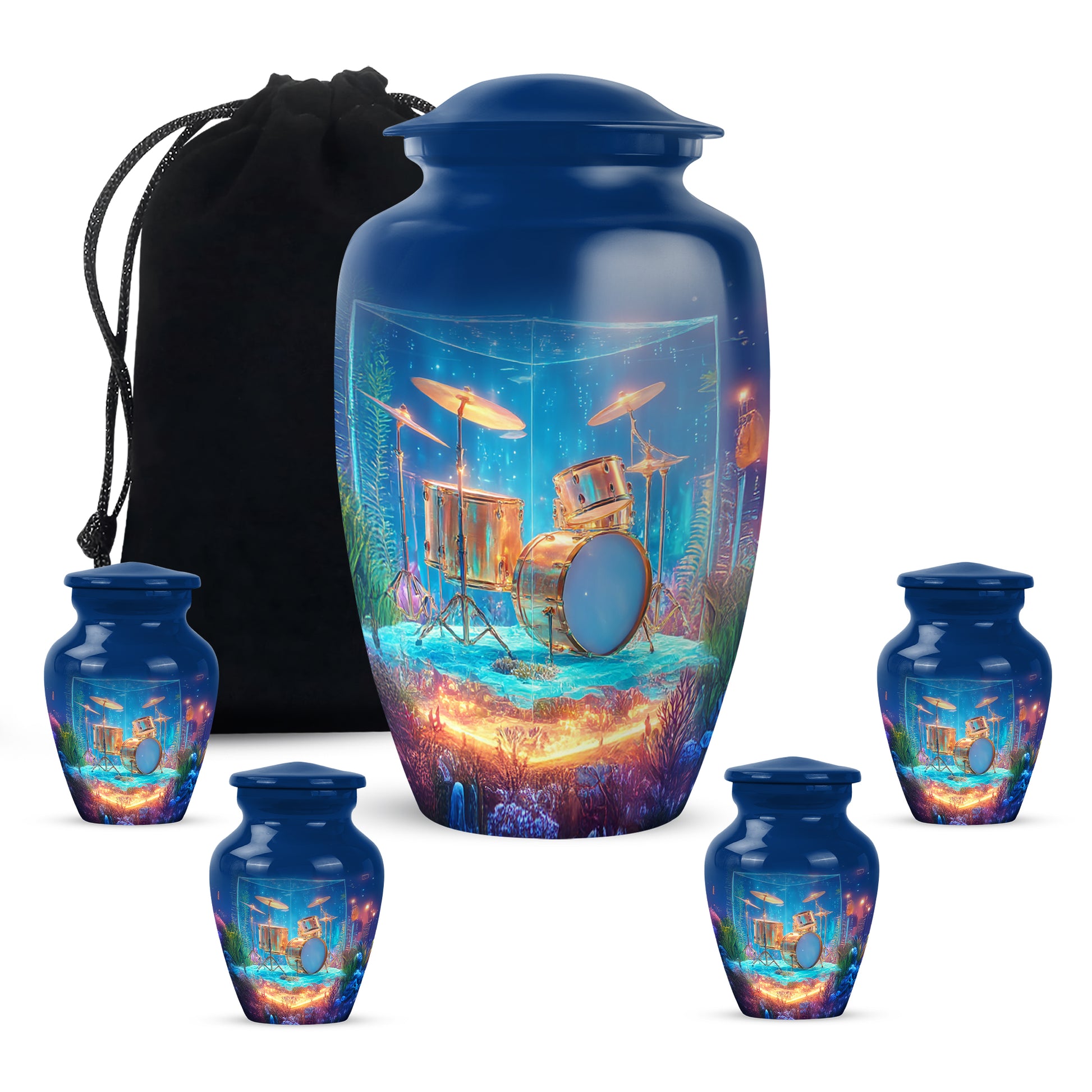 Serene Blue Drums Cremation Urn top-down view of secure threaded lid - traditional drums engraving with hand-polished finish - memorial set with one large and four small urns