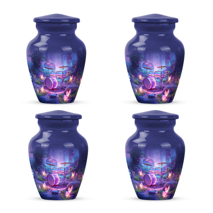 Navy Blue Drums Cremation Urn side profile showing urn shape - timeless drums motif etched into premium metal - 10 inch aluminum urn for cremated remains