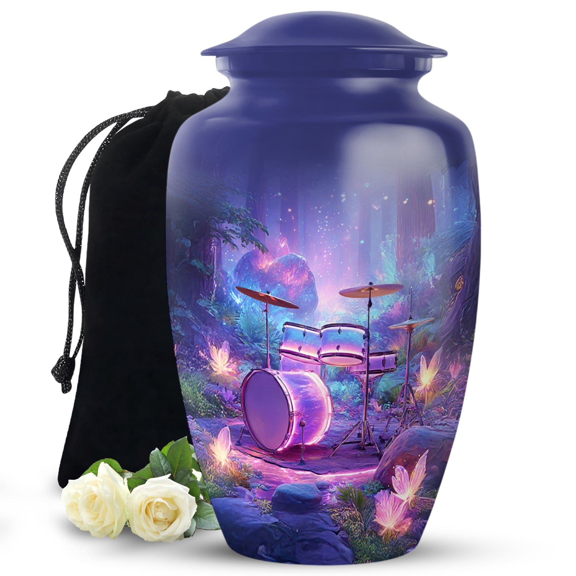 Slate Blue Drums Cremation Urn angled view of lid and engraved motif - classic sculpted drums pattern on smooth aluminum - full-size 10 inch 200 cubic inch adult cremation urn