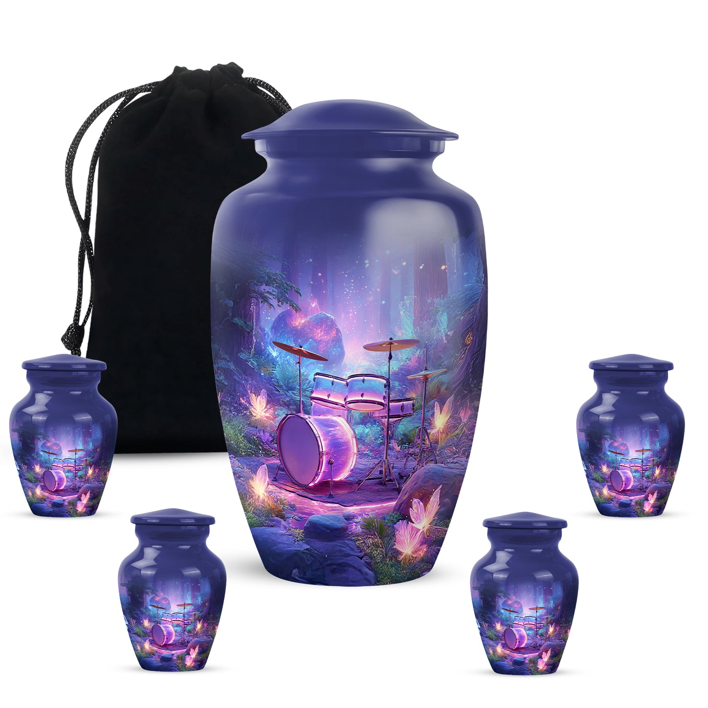 Sapphire Blue Drums Cremation Urn top-down view of secure threaded lid - traditional drums engraving with hand-polished finish - memorial set with one large and four small urns