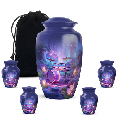 Sapphire Blue Drums Cremation Urn top-down view of secure threaded lid - traditional drums engraving with hand-polished finish - memorial set with one large and four small urns