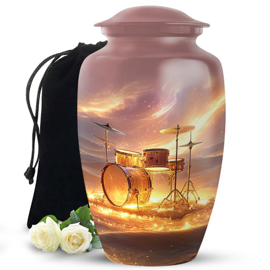 Ruby Red Drums Cremation Urn angled view of lid and engraved motif - traditional drums engraving with hand-polished finish - full-size 10 inch 200 cubic inch adult cremation urn