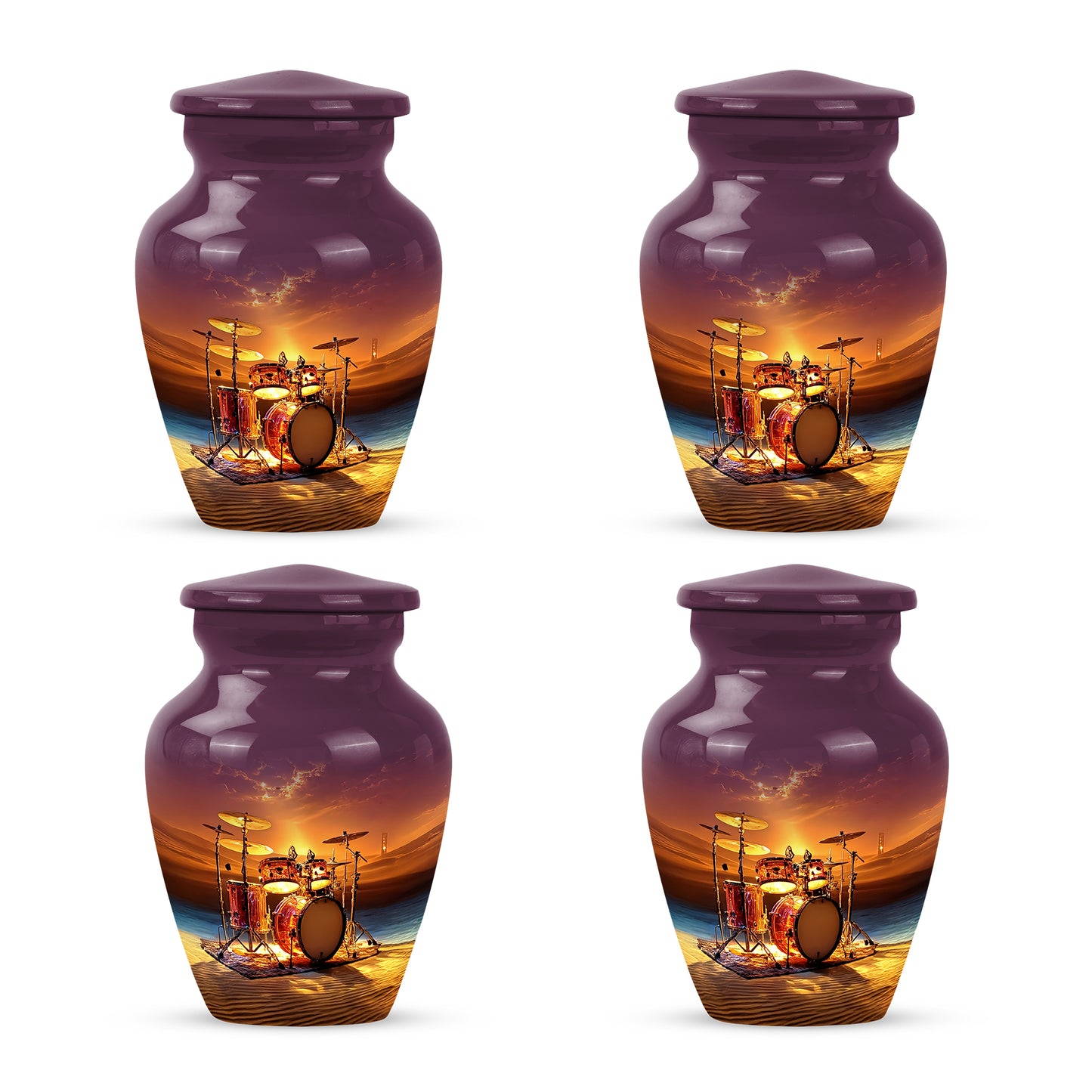 Blush Pink Drums Cremation Urn side profile showing urn shape - classic sculpted drums pattern on smooth aluminum - 10 inch aluminum urn for cremated remains