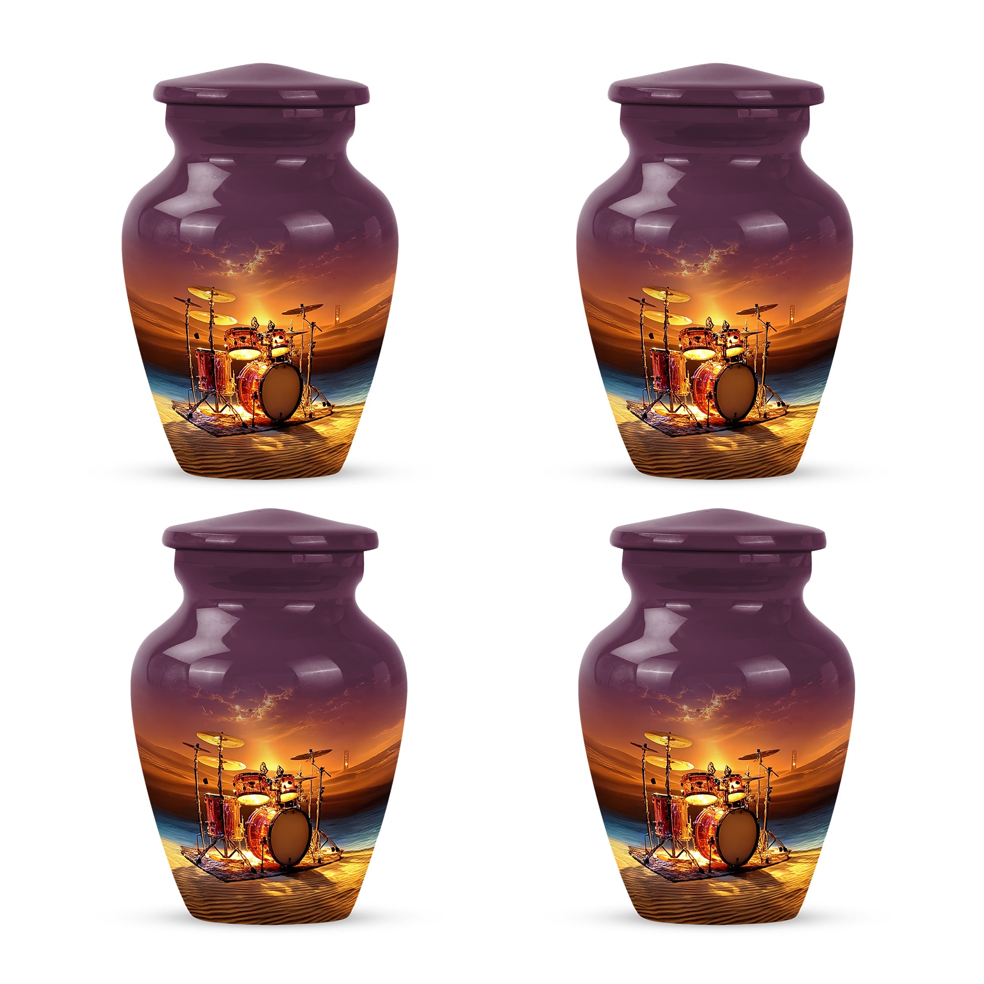 Blush Pink Drums Cremation Urn side profile showing urn shape - classic sculpted drums pattern on smooth aluminum - 10 inch aluminum urn for cremated remains