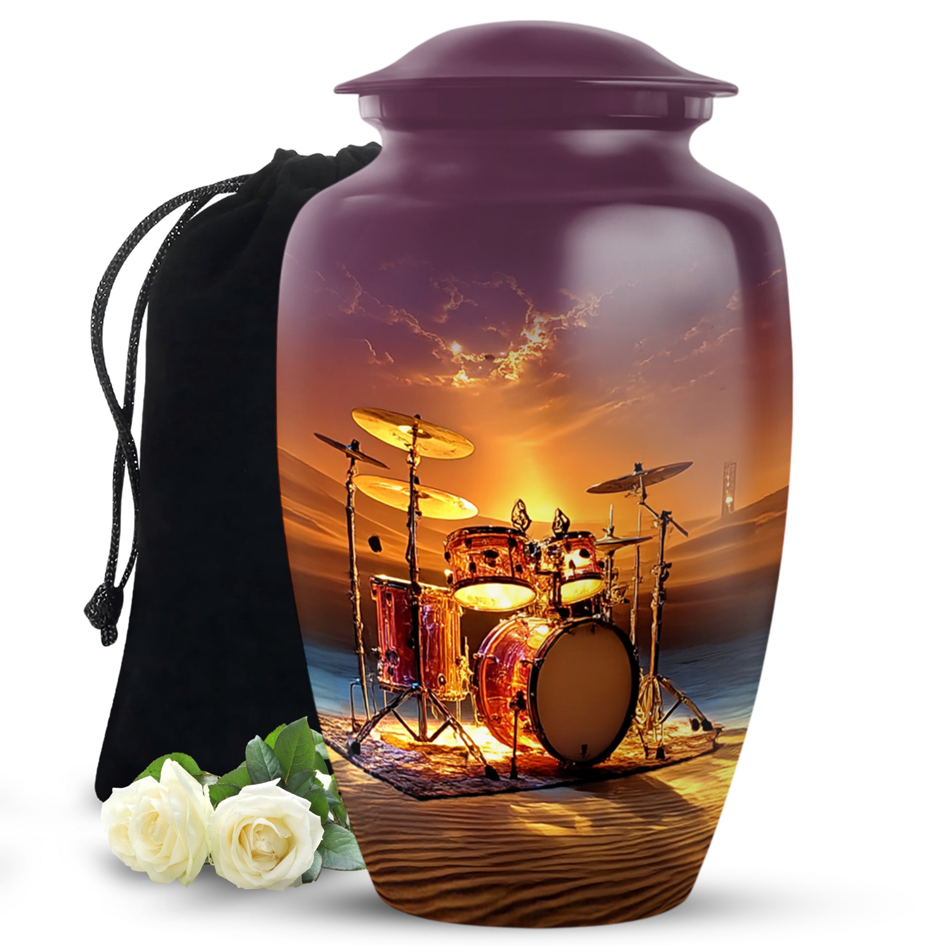 Dusty Pink Drums Cremation Urn angled view of lid and engraved motif - traditional drums engraving with hand-polished finish - full-size 10 inch 200 cubic inch adult cremation urn