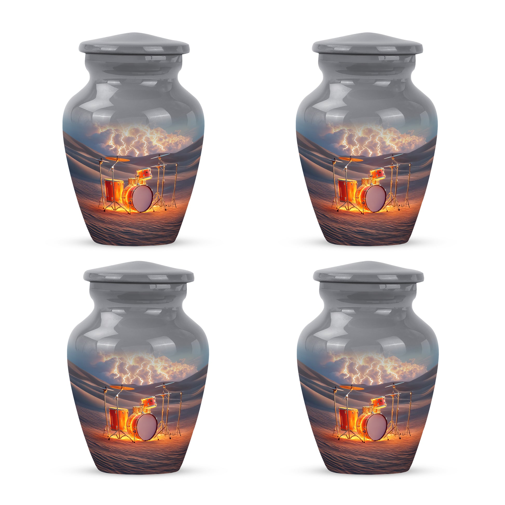 Dove Gray Drums Cremation Urn side profile showing urn shape - timeless drums motif etched into premium metal - 10 inch aluminum urn for cremated remains