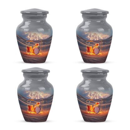Dove Gray Drums Cremation Urn side profile showing urn shape - timeless drums motif etched into premium metal - 10 inch aluminum urn for cremated remains