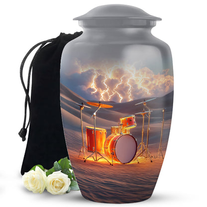 Slate Gray Drums Cremation Urn angled view of lid and engraved motif - elegant classic drums relief with fine detailing - full-size 10 inch 200 cubic inch adult cremation urn