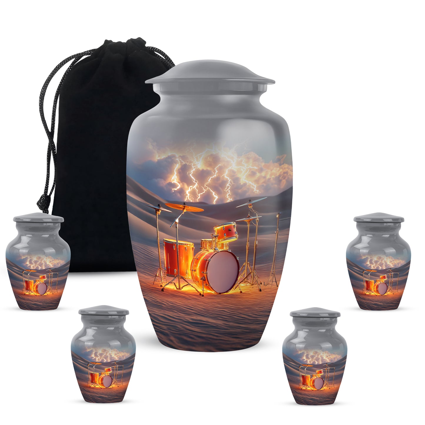 Mist Gray Drums Cremation Urn top-down view of secure threaded lid - timeless drums motif etched into premium metal - memorial set with one large and four small urns