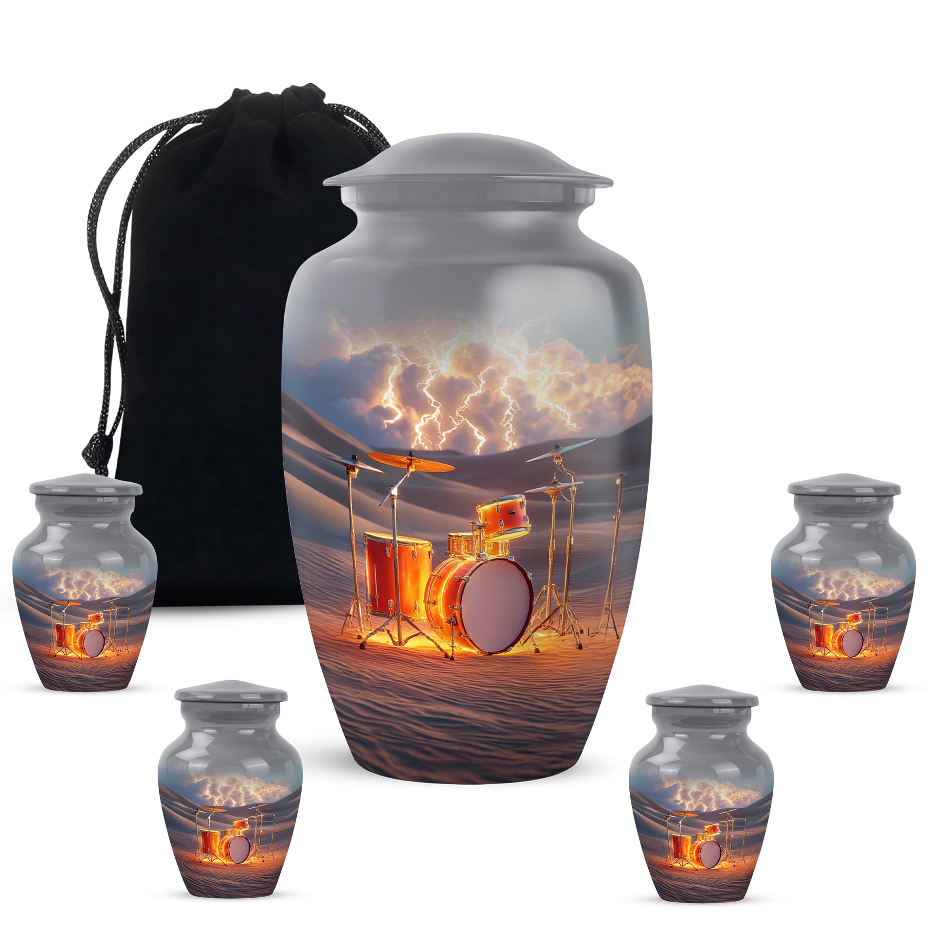 Mist Gray Drums Cremation Urn top-down view of secure threaded lid - timeless drums motif etched into premium metal - memorial set with one large and four small urns