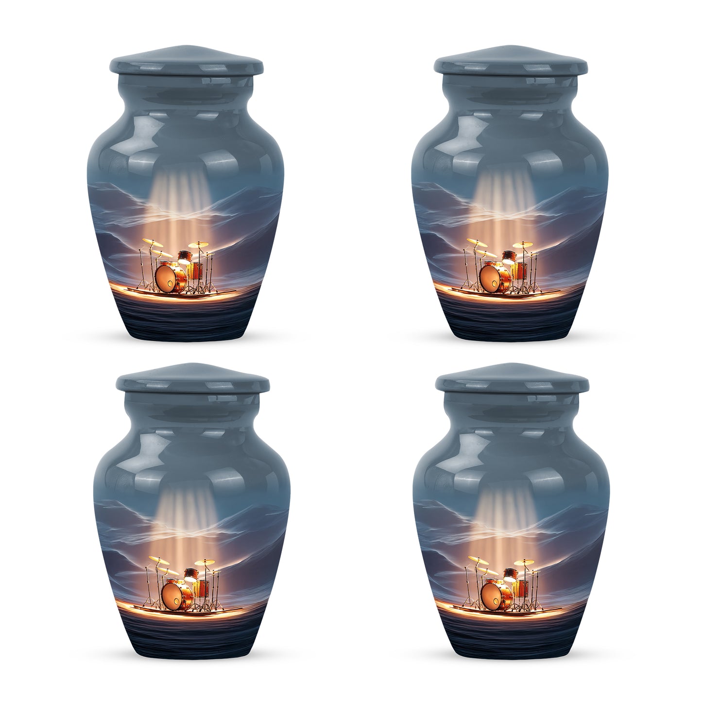 Calming Blue Drums Cremation Urn side profile showing urn shape - elegant classic drums relief with fine detailing - 10 inch aluminum urn for cremated remains