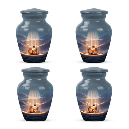 Calming Blue Drums Cremation Urn side profile showing urn shape - elegant classic drums relief with fine detailing - 10 inch aluminum urn for cremated remains