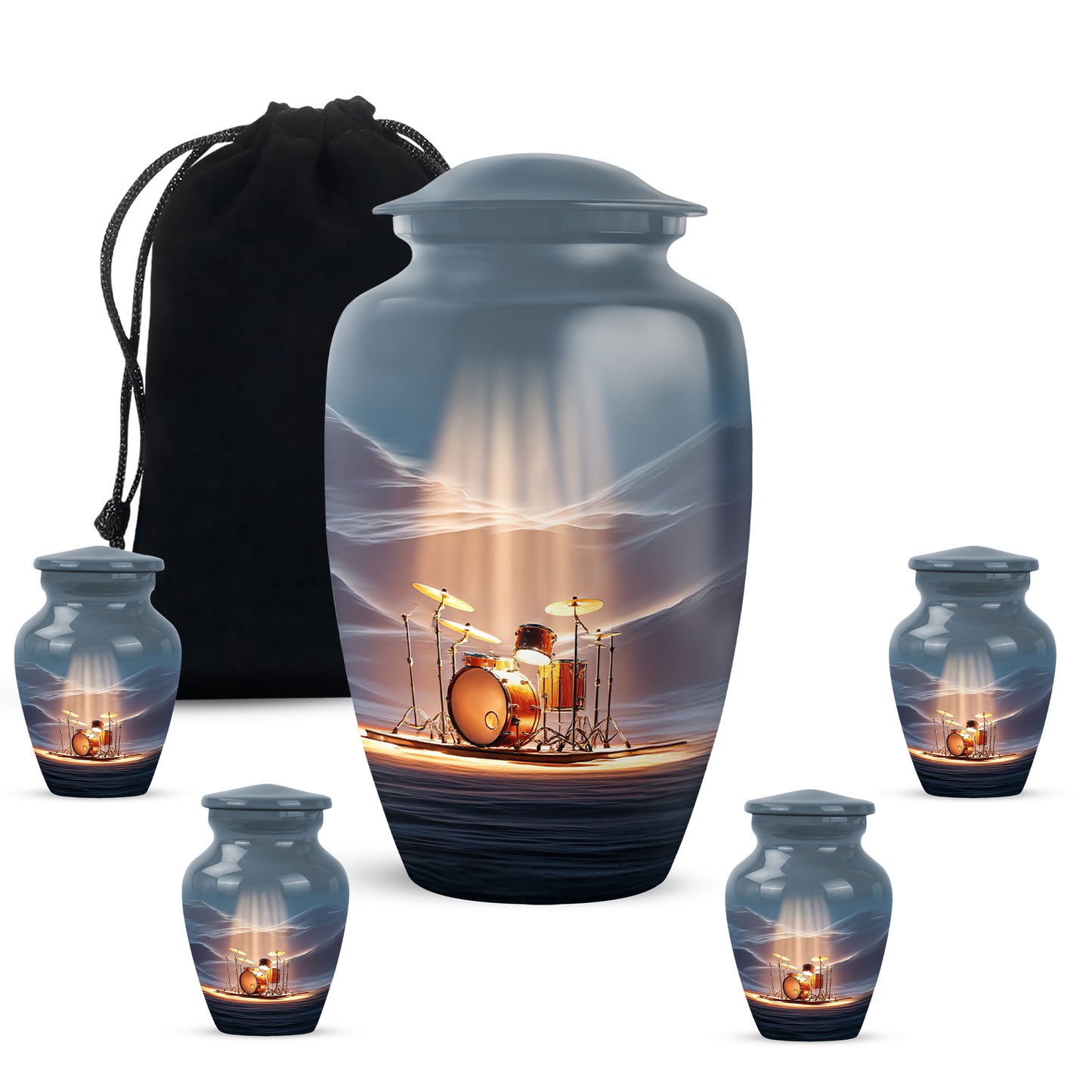 Twilight Blue Drums Cremation Urn top-down view of secure threaded lid - elegant classic drums relief with fine detailing - memorial set with one large and four small urns