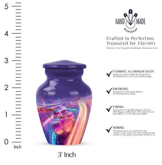 Bright Blue Drums Cremation Urn close-up of engraving and surface detail - traditional drums engraving with hand-polished finish - mini keepsake memorial for portion of cremation ashes