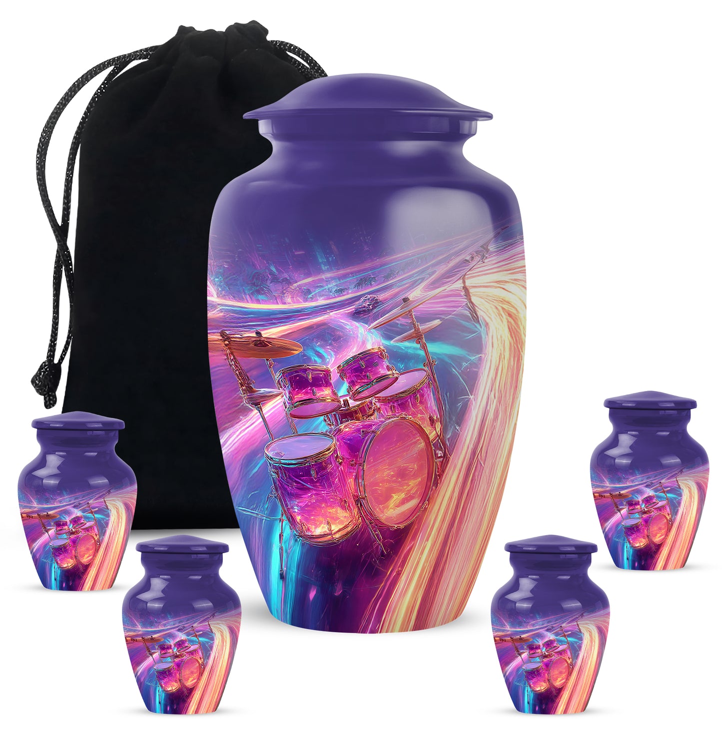 Vivid Blue Drums Cremation Urn top-down view of secure threaded lid - traditional drums engraving with hand-polished finish - memorial set with one large and four small urns