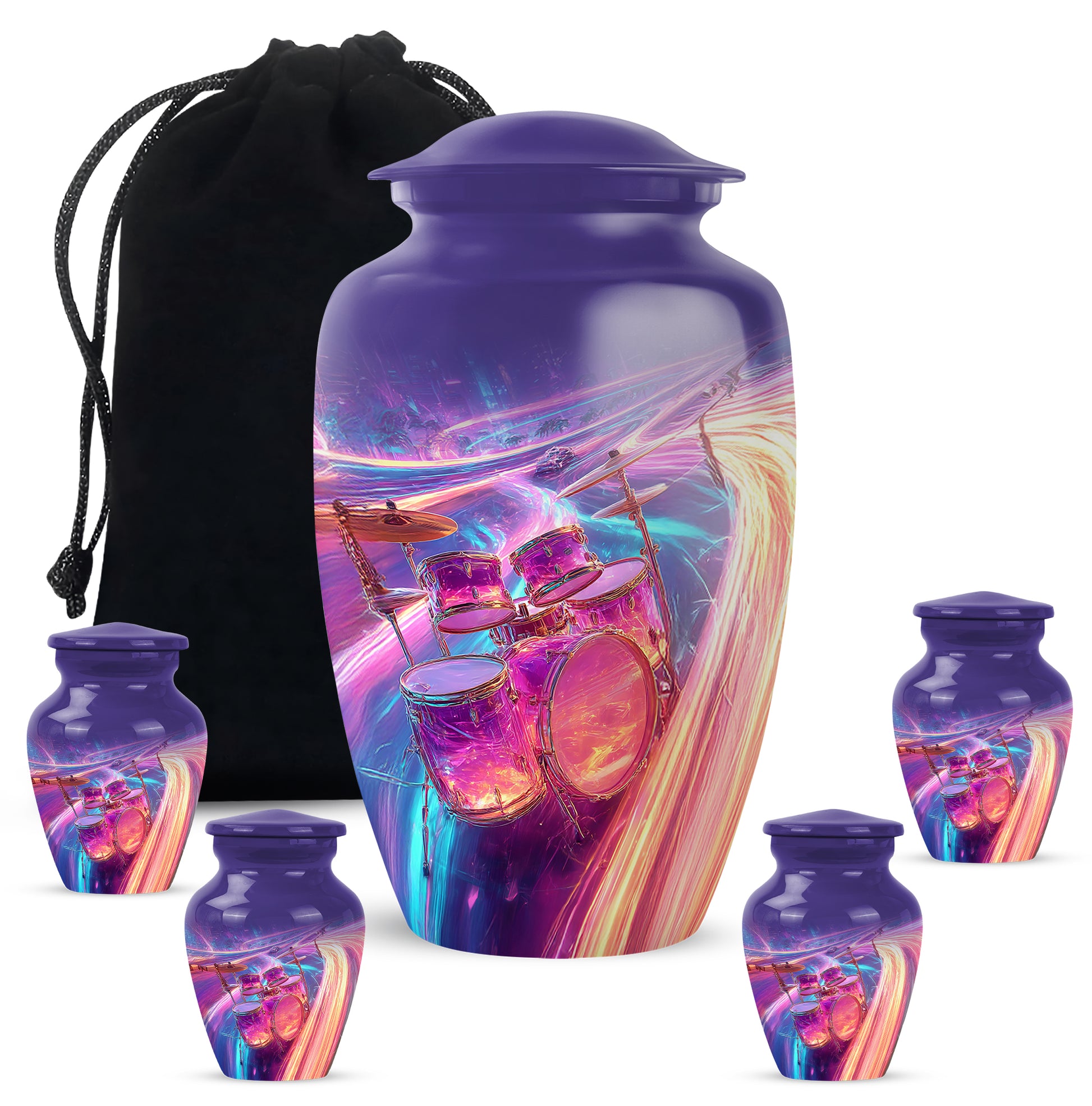 Vivid Blue Drums Cremation Urn top-down view of secure threaded lid - traditional drums engraving with hand-polished finish - memorial set with one large and four small urns