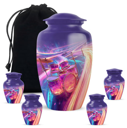Vivid Blue Drums Cremation Urn top-down view of secure threaded lid - traditional drums engraving with hand-polished finish - memorial set with one large and four small urns